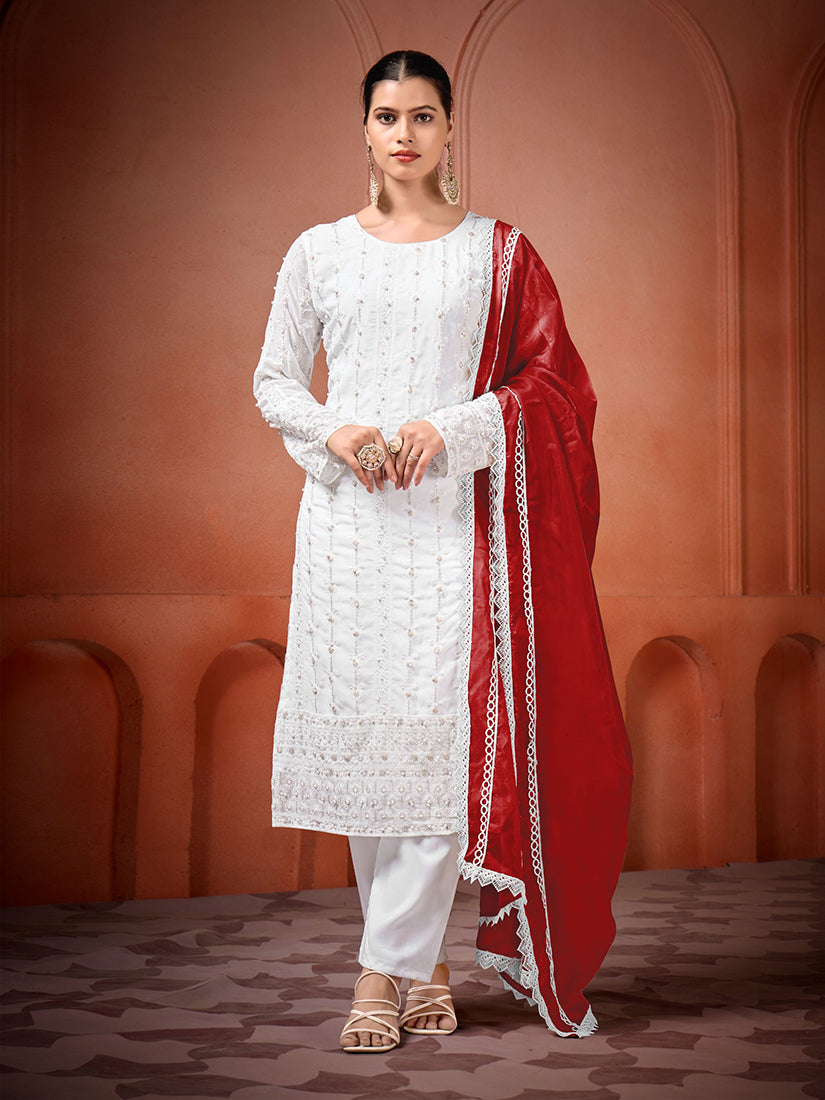 Shalwar White Salwar Suit With Jacket Women's White And Red Color
