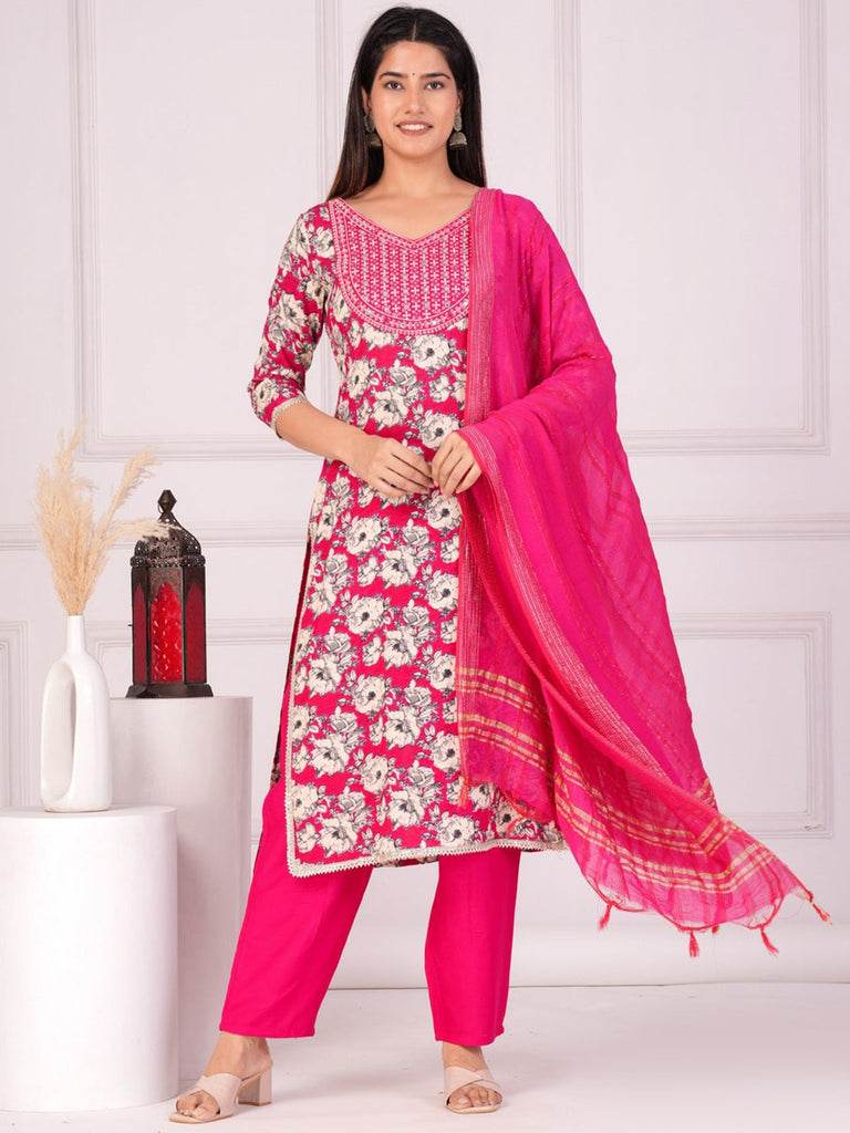 Women's Floral Printed Regular Straight Kurta & Palazzos With Dupatta