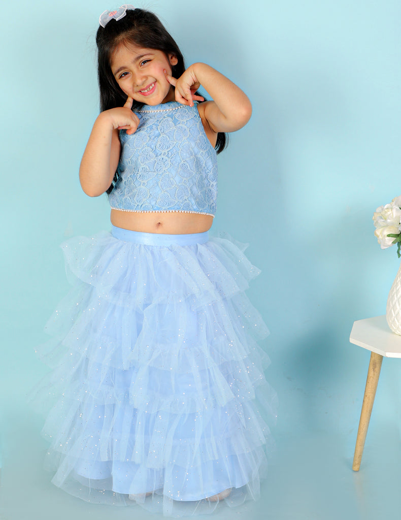 Girl's Lace Top With Pearl Detailing & Mesh Glitter Layered Skirt-Blue
