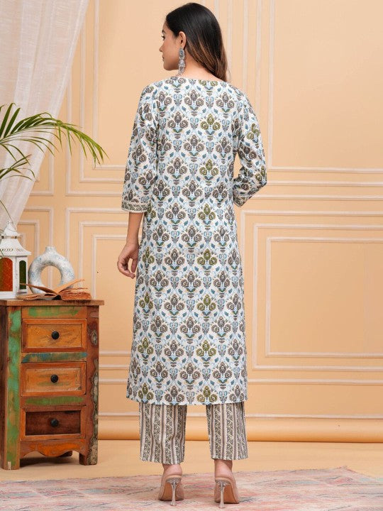 Women's Floral Printed Regular Pure Cotton Straight Kurta with Palazzos & With Dupatta - Taantav