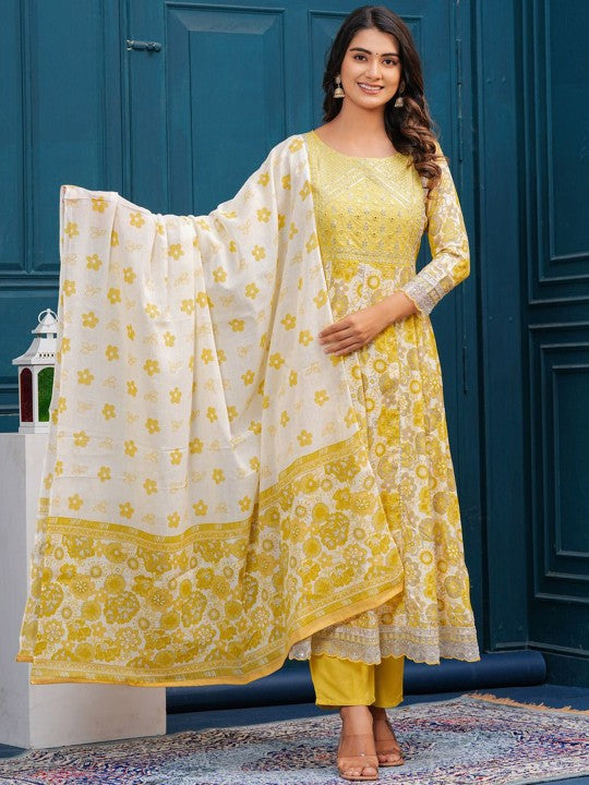 Women's Floral Embroidered Regular Pure Cotton Kurta with Trousers & With Dupatta - Taantav