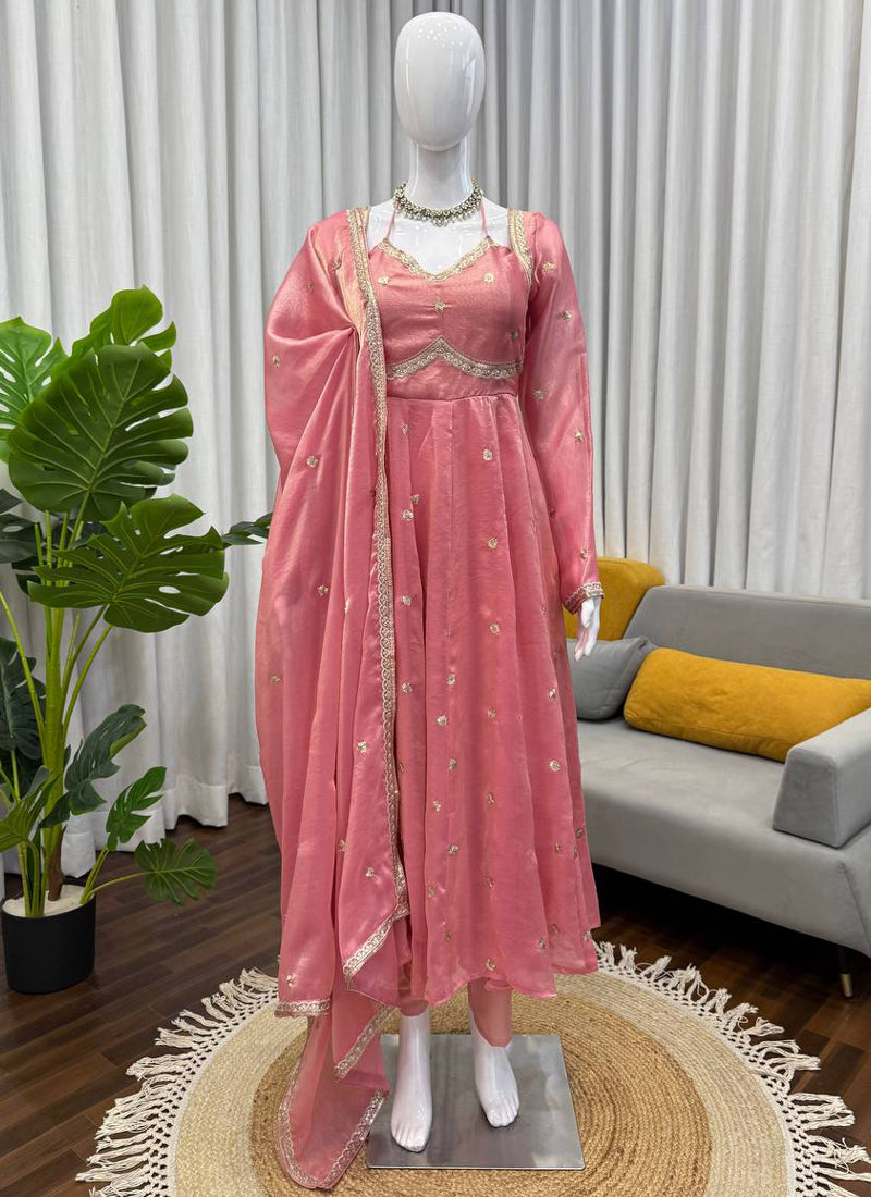 Women's Light Pink Fendi Silk Anarkali Suit With Dupatta Pink / XXL | Trendia Global Women's Light Pink Fendi Silk Anarkali Suit With Dupatta Pink / XXL | Trendia Global