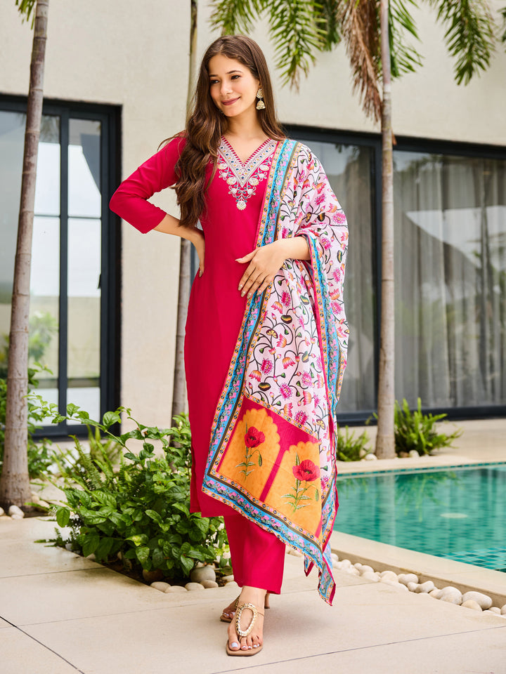Women's Rayon Embroidered Rani Pink Trendy Salwar Kameez