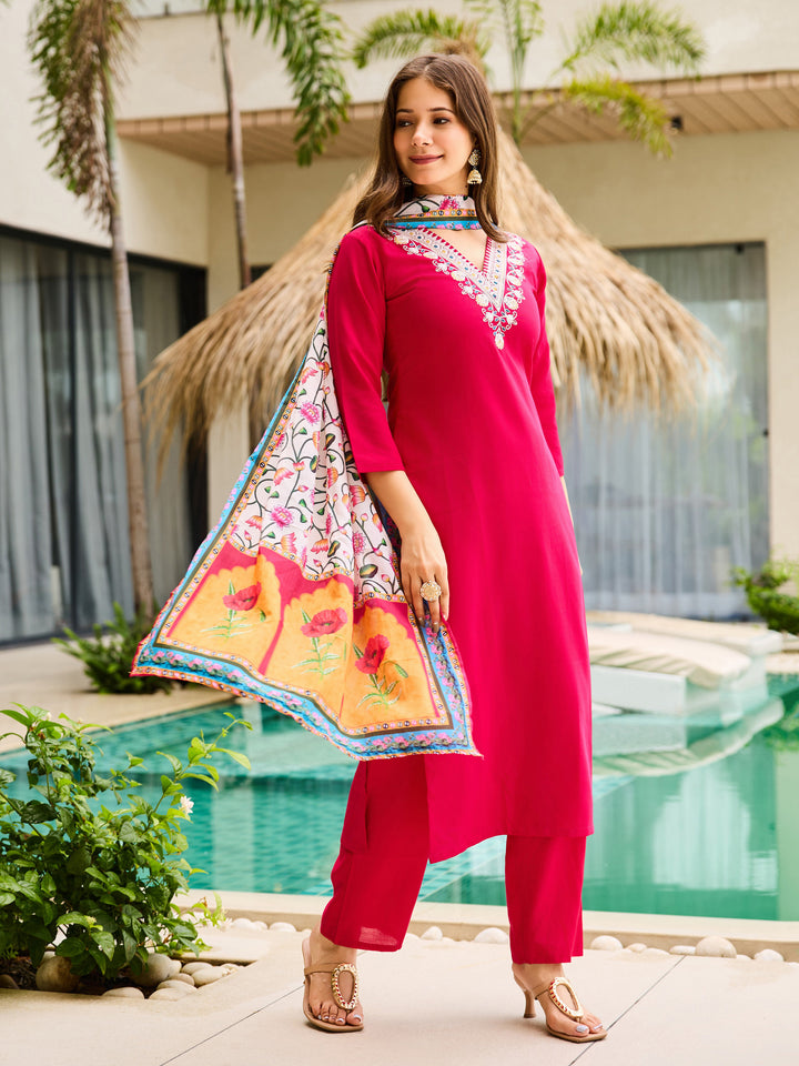 Women's Rayon Embroidered Rani Pink Trendy Salwar Kameez