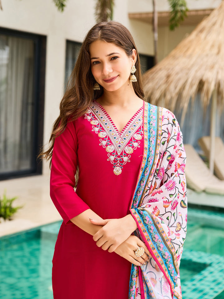 Women's Rayon Embroidered Rani Pink Trendy Salwar Kameez