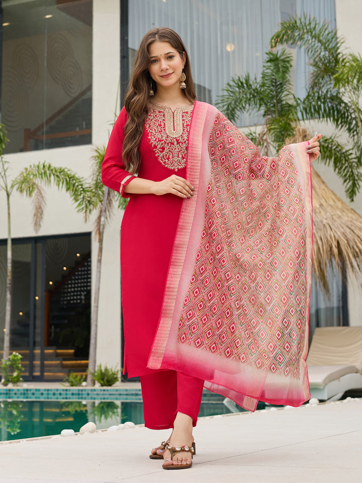 Women's Embroidered Rayon Readymade Salwar Kameez In Red