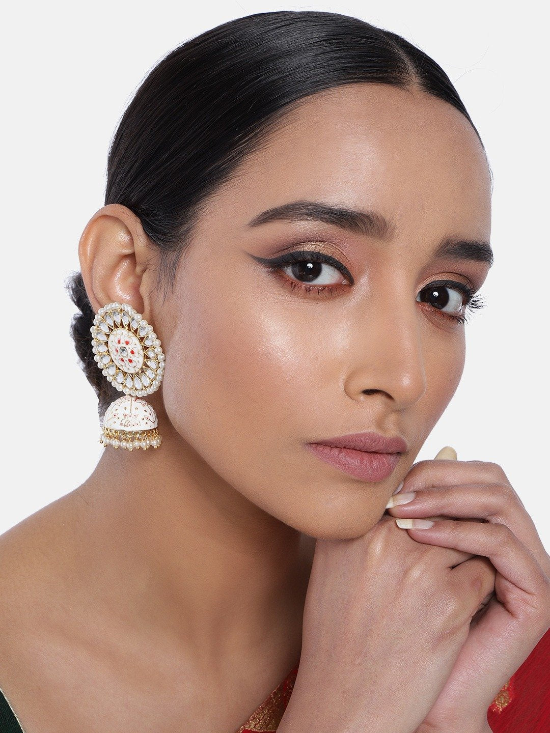 Women's  Gold Plated Cream Handcrafted Kundan Pearl Studded Meenakari Jhumki Earring