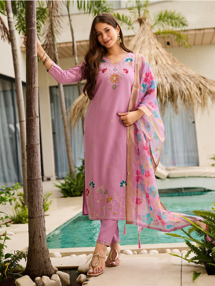 Women's Embroidered Pink Viscose Party Readymade Salwar Kameez