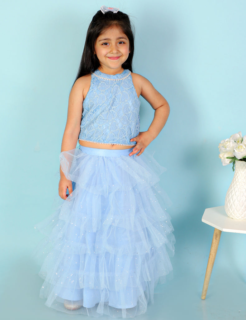 Girl's Lace Top With Pearl Detailing & Mesh Glitter Layered Skirt-Blue