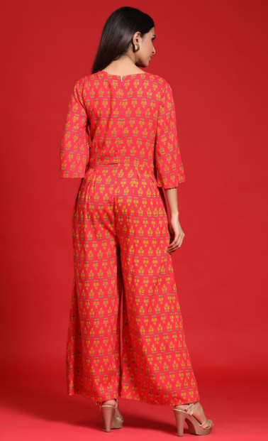 Women's Coral Rayon Embroidered Jumpsuit With Mask