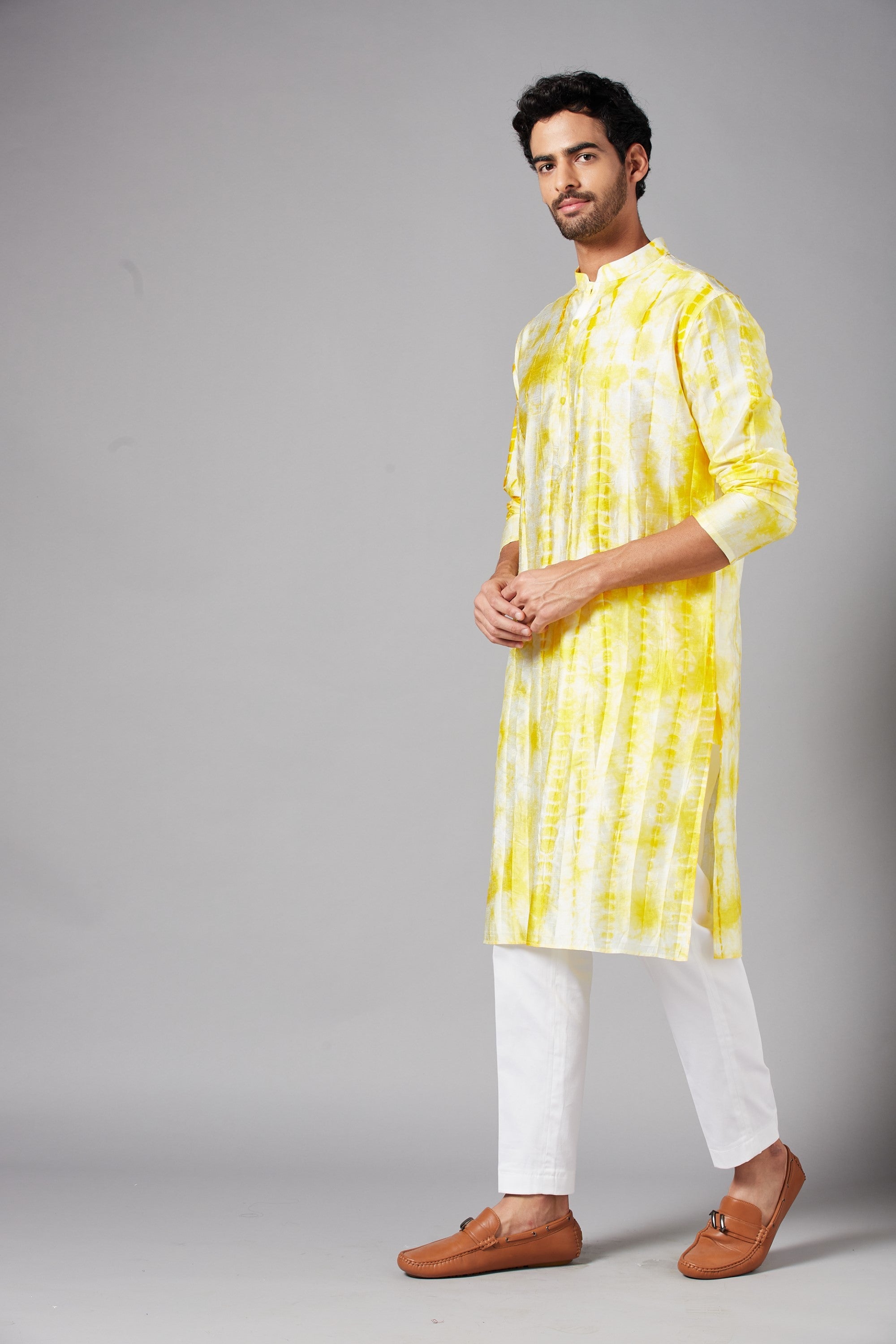 Men's Yellow & White Color Tintlo Yellow Tie & Die Kurta Semi Rawsilk Mix