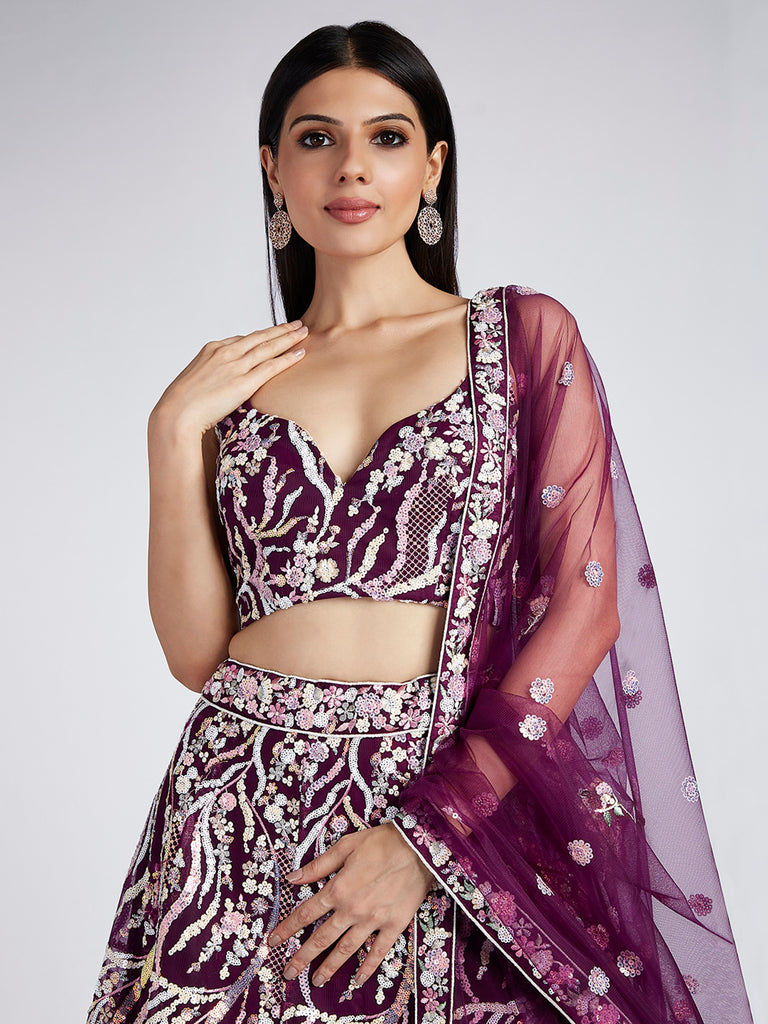 Women's Burgundy Net Sequins And Thread Embroidery Lehenga Choli & Dupatta
