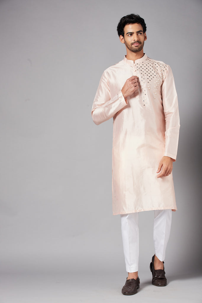 Men's Peach Color Rooyi Position Mirror Work Kurta Dupion