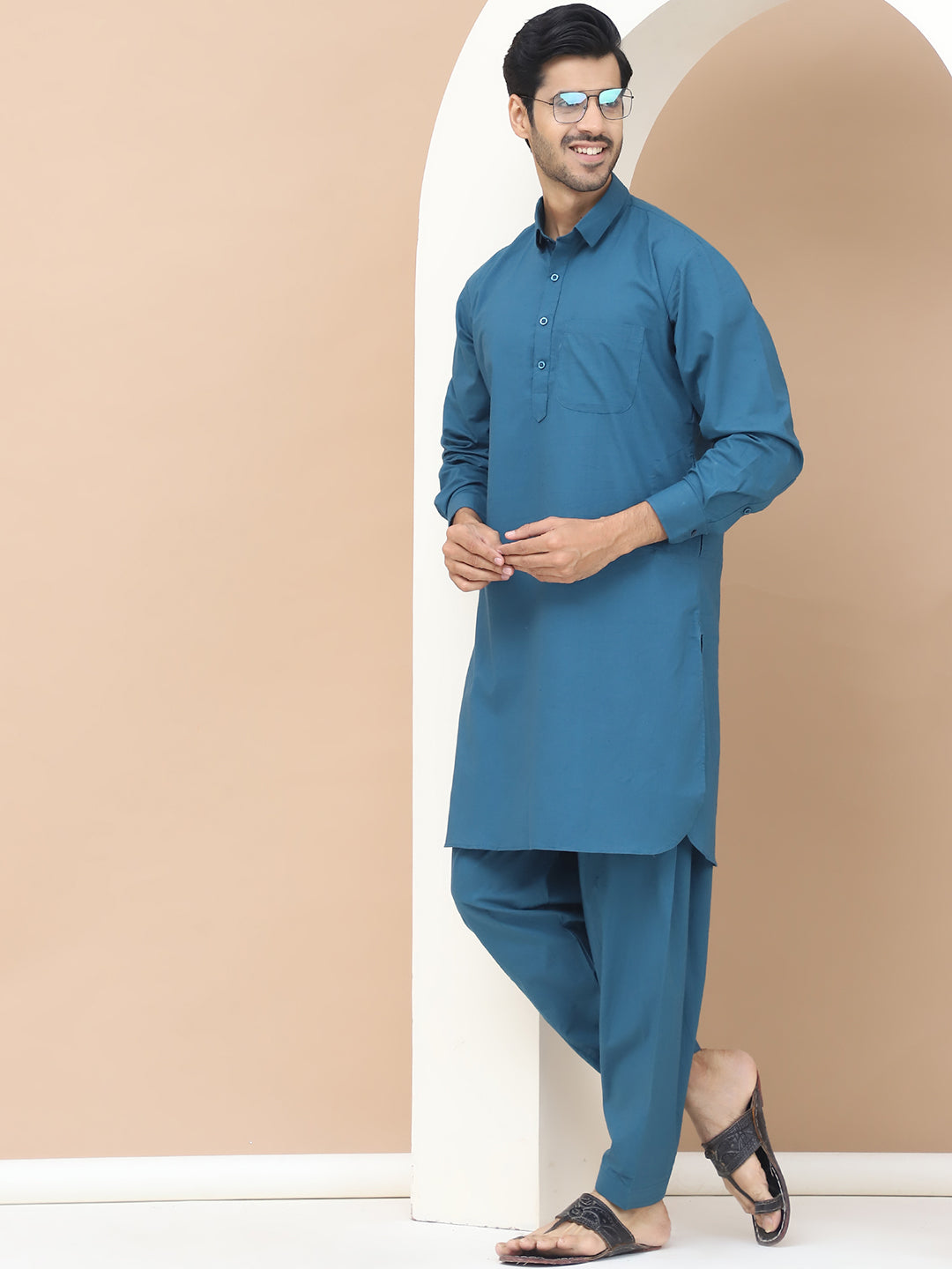 Men's  Teal Cotton Solid Kurta Set - Grage