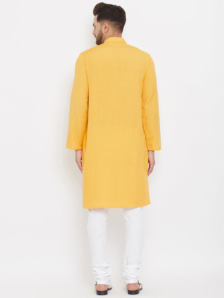 Men's Solid Yellow Placket Detail Cotton Kurta