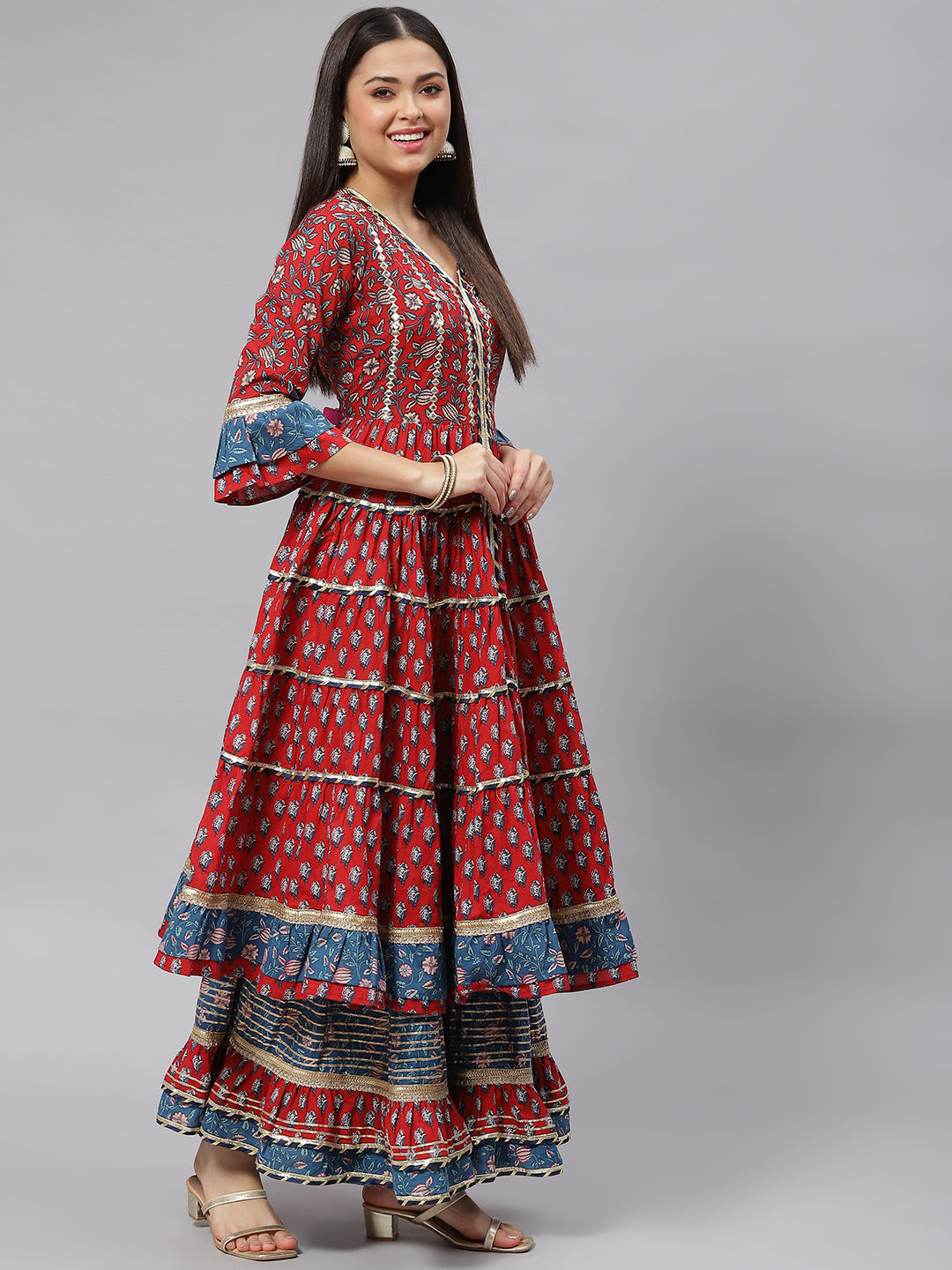 Women's Maroon & Blue Anarkali Kurta Sharara Set with Dupatta - Taantav