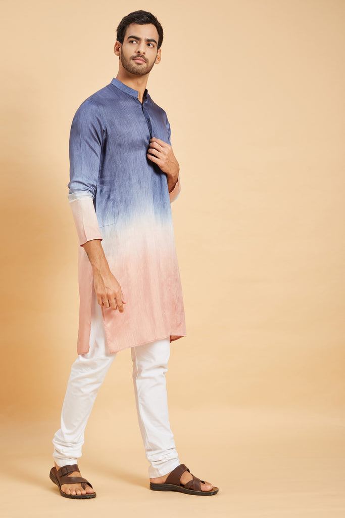 Men's Blue Color Waikawa Ombre Kurta Without Slit Silk