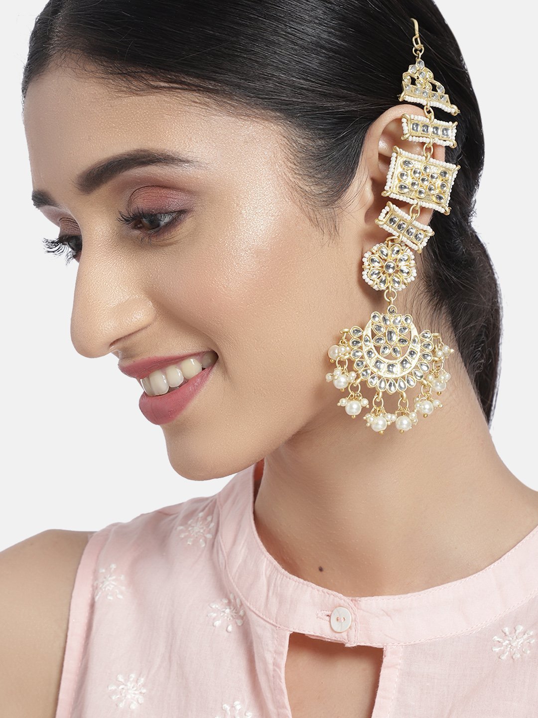 Women's Gold Plated Zinc Matte Finish Kundan And Pearl White Chandbali Earring