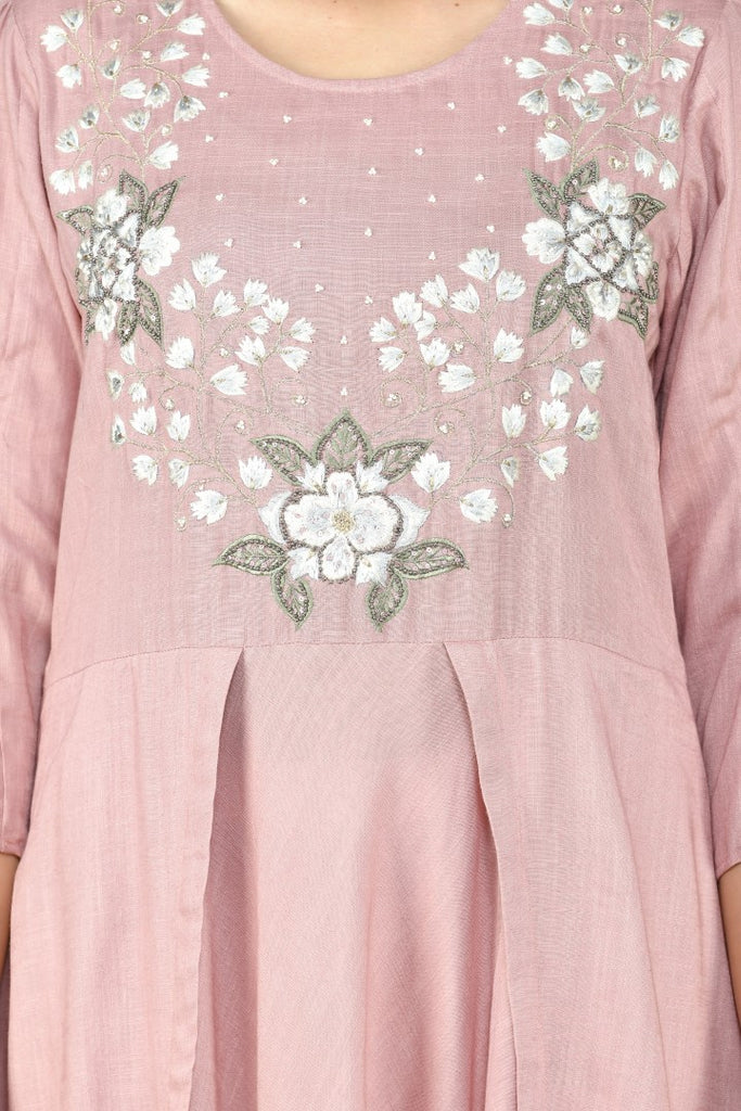 Women's Rose Gold Cotton Rayon Embroidery Kurta Set