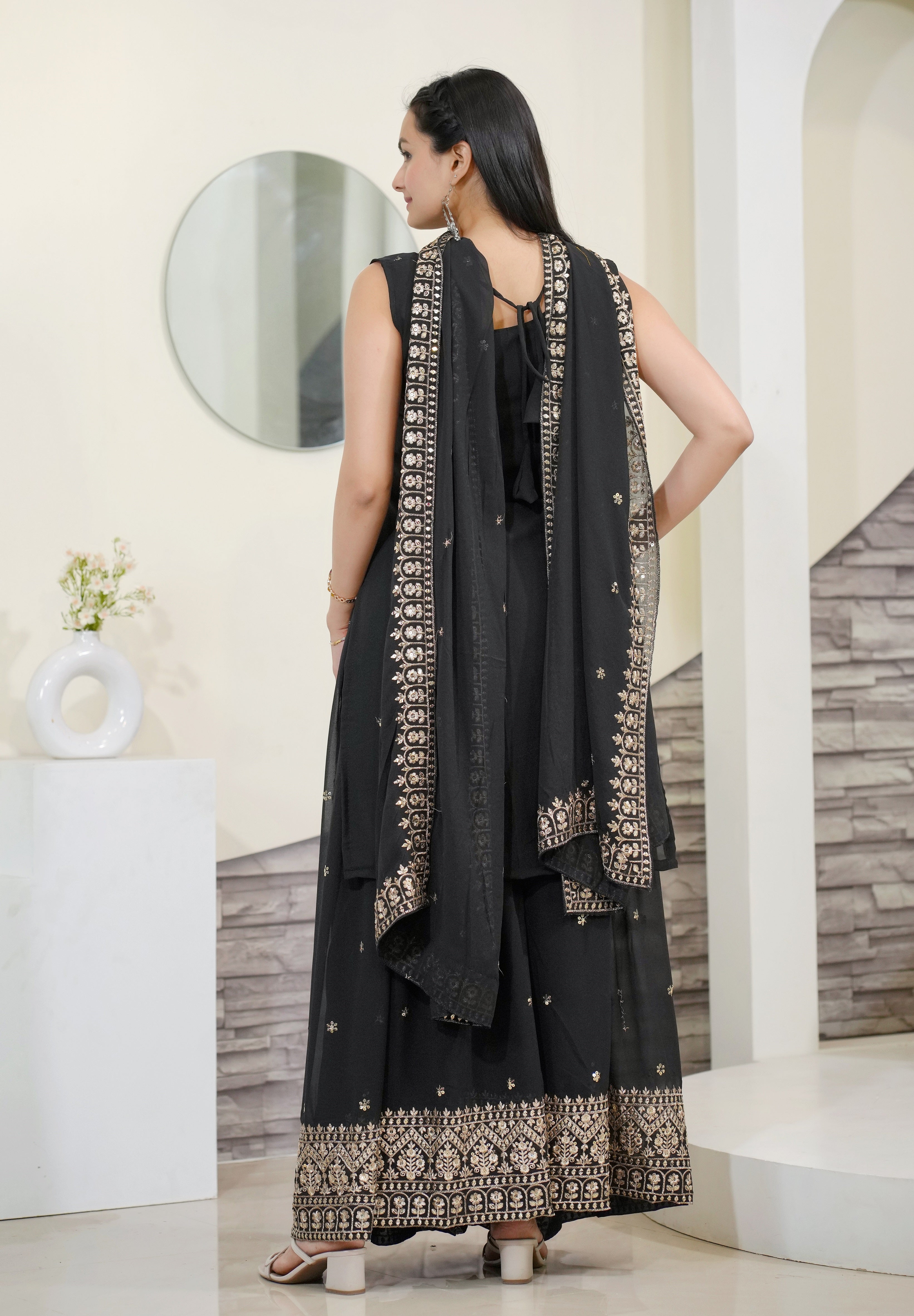 Women's Black Georgette Embroidery Sharara Set - Harvi Trendz