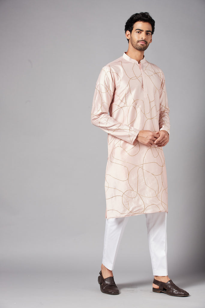 Men's Peach Color Ilara Gold Zari Abstarct Embroidered Kurta Dupion