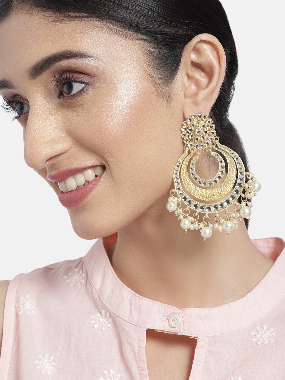 Women's  High Gold Matt Finish Plated Alloy Chandbali Kundan And Pearl Meenakari  Earrings