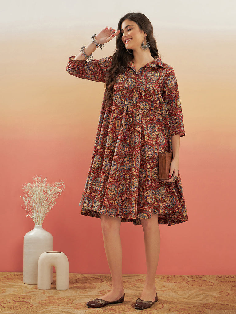 Women's Maroon Mughal Kalamkari Flared Dress