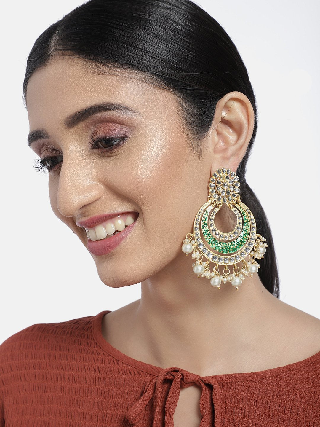 Women's  Gold Plated Alloy Kundan Stones & Pearl Green Earrings