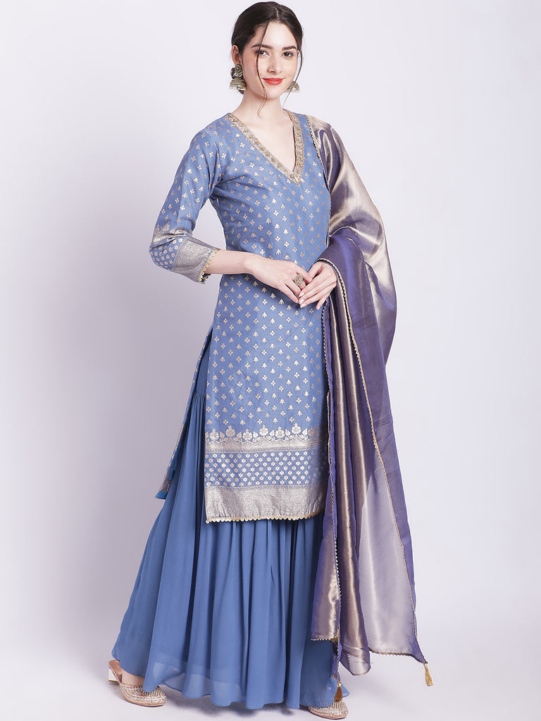 Women's Dusty Blue Badla Kurti With Gathered Palazzo And Organza Shine Dupatta