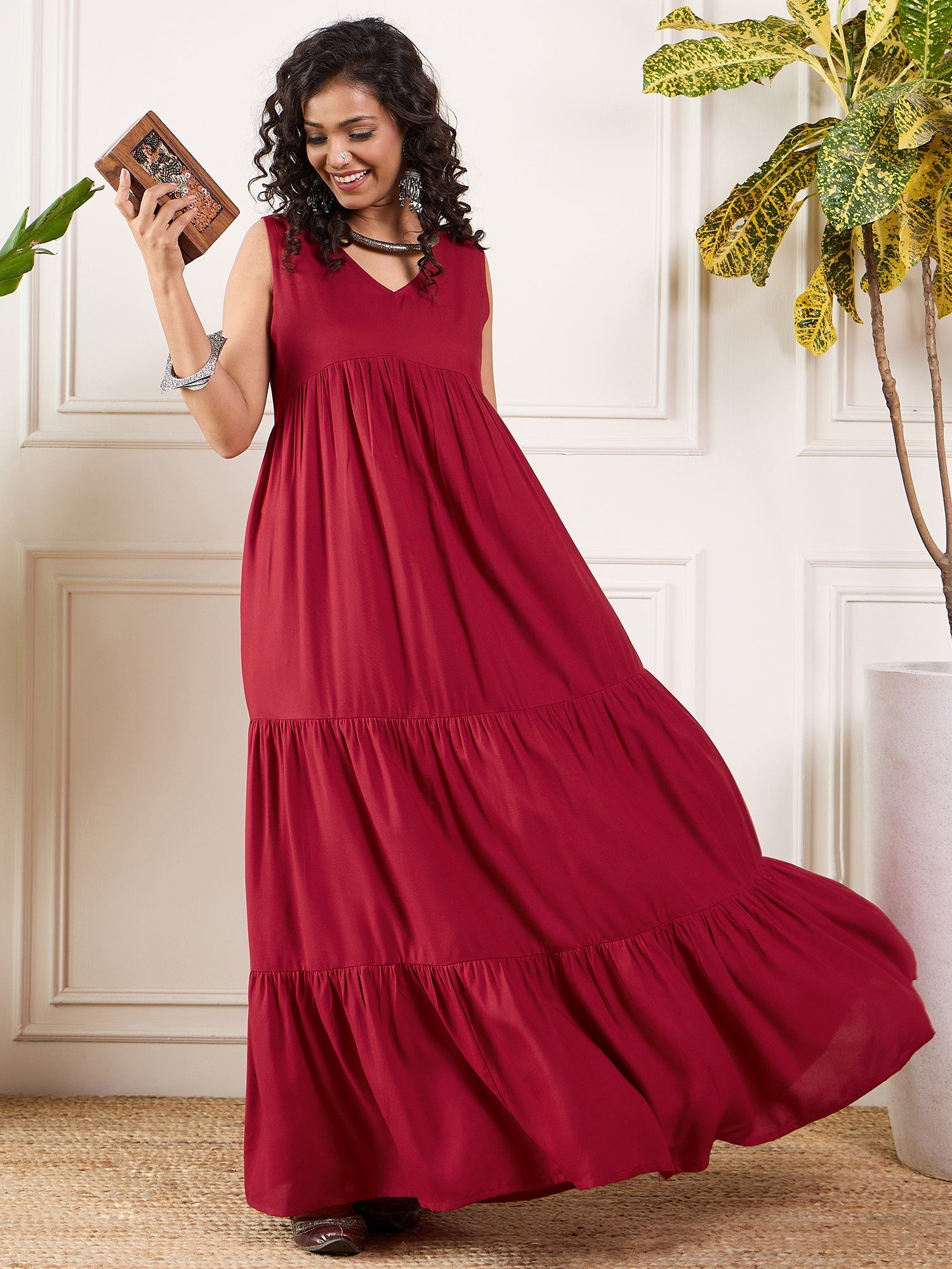 Women's Maroon V Neck Sleeveless Long Tiered Dress - InWeave