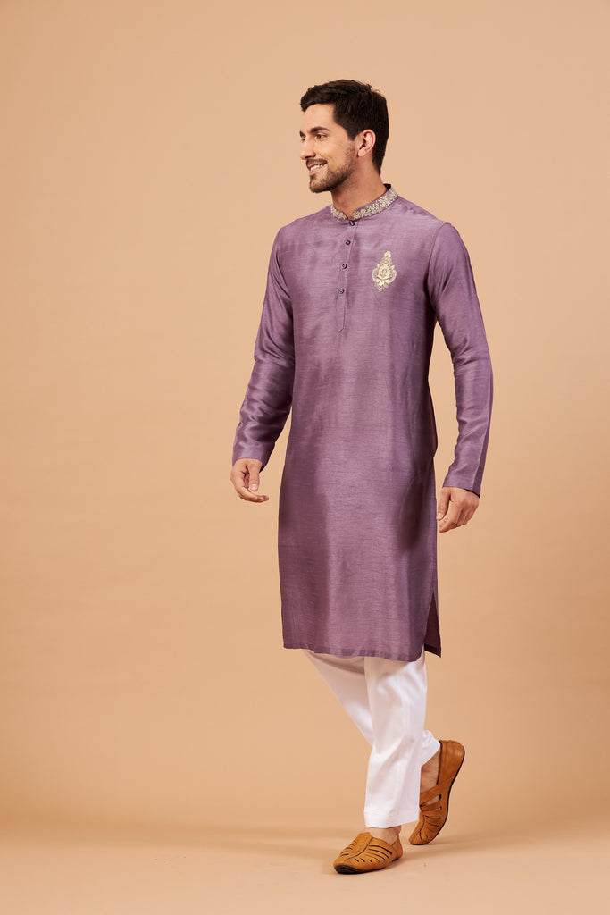 Men's Purple Color Inara Gold Embroidered Kurta Semi Raw Silk Mix