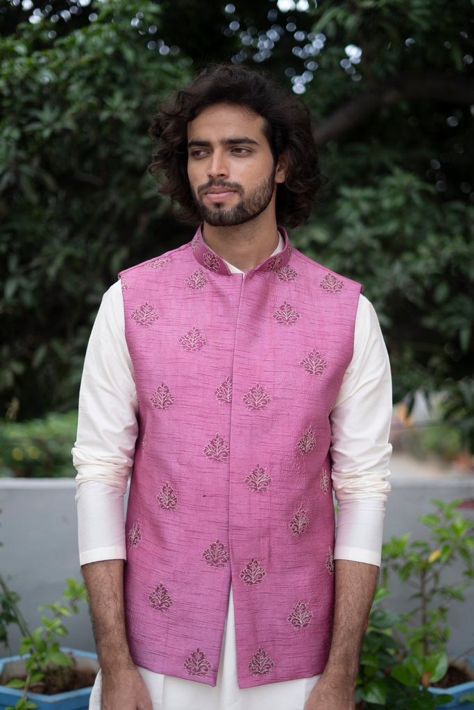 Men's Mauve Color Jacket With Kurta Pant Set