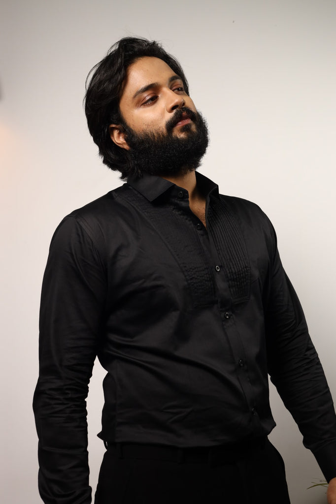 Men's Black Color Black Pintuck Shirt Full Sleeves Shirt