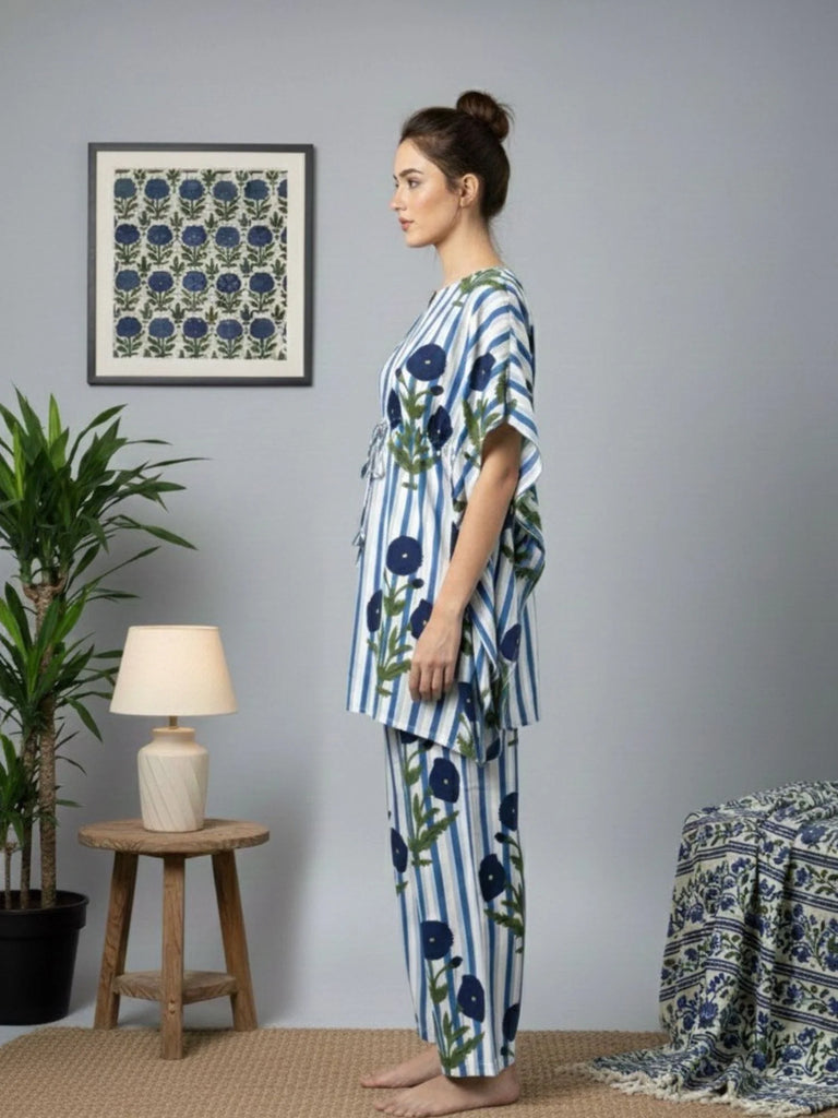 Women's Blue Floral Kaftan Night-Suit Set