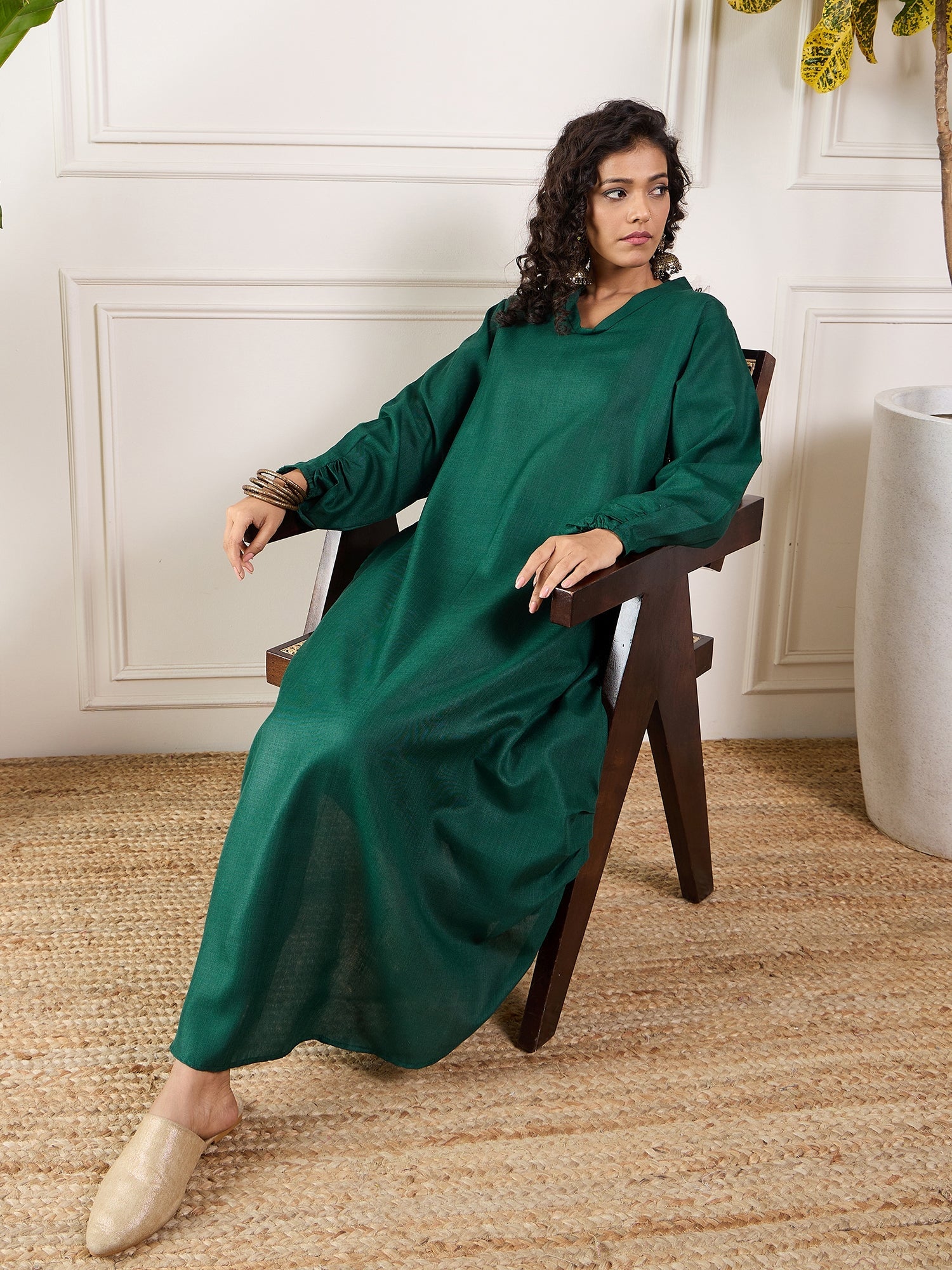 Women's Dark Green Shawl Neck Pleat Dress - InWeave