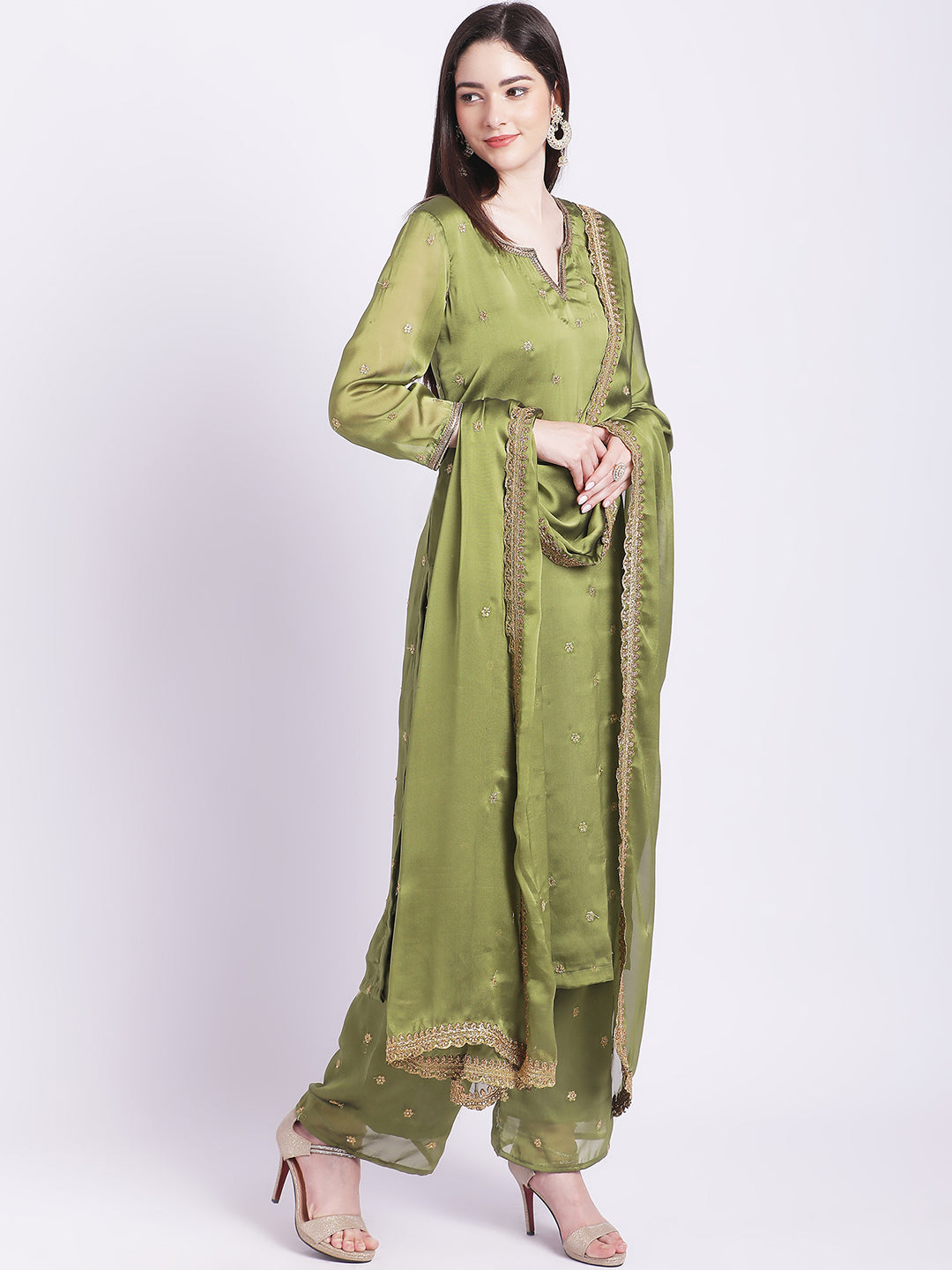 Women's Glam Green Embroidered Kurti With Straight Palazzo And Embroidered Dupatta - Anokherang