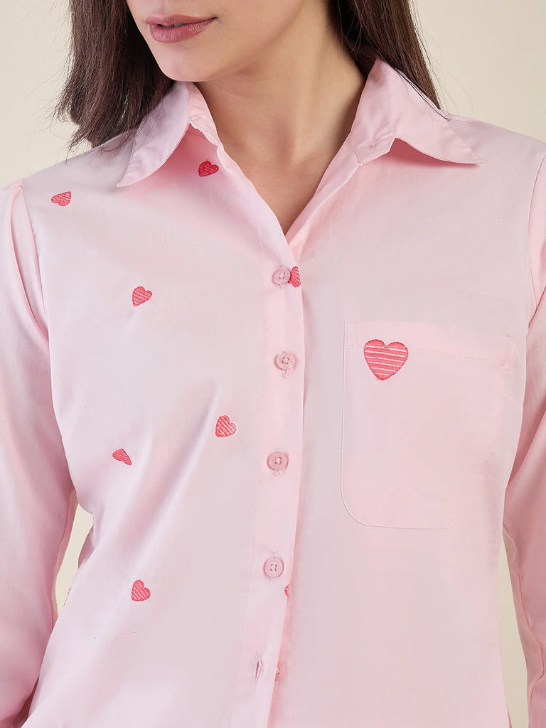 Women's Pink Heart Embroidered Casual Shirt