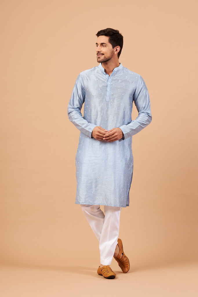 Men's Baby Blue Color Viva Dot Embroidered Kurta Semi Raw Silk Mix