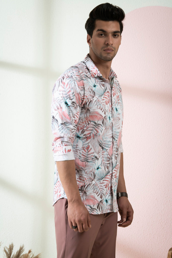 Men's White Color Tropical Full Sleeves Shirt