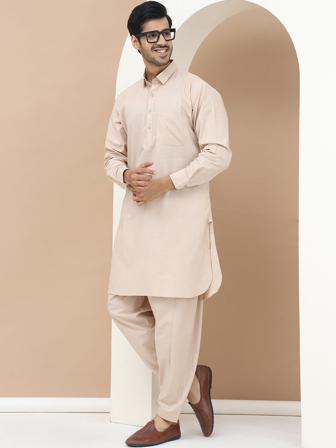 Men's  Beige Cotton Solid Kurta Set - Grage