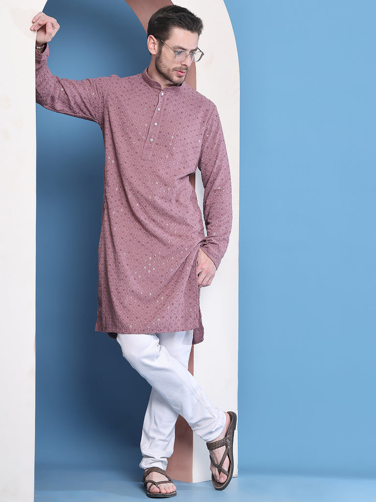 Men's  Purple Viscose Rayon Embroidered Kurta