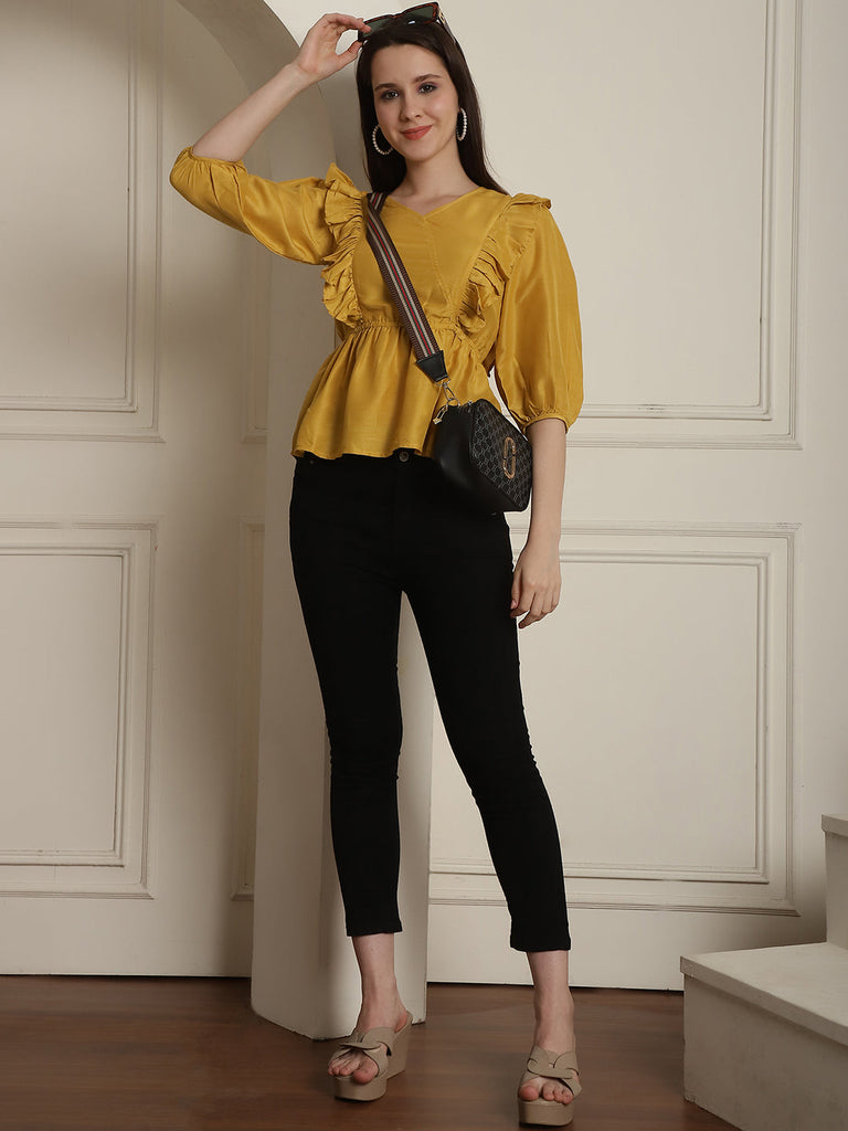 Women's Black Solid Women's Top With Frills