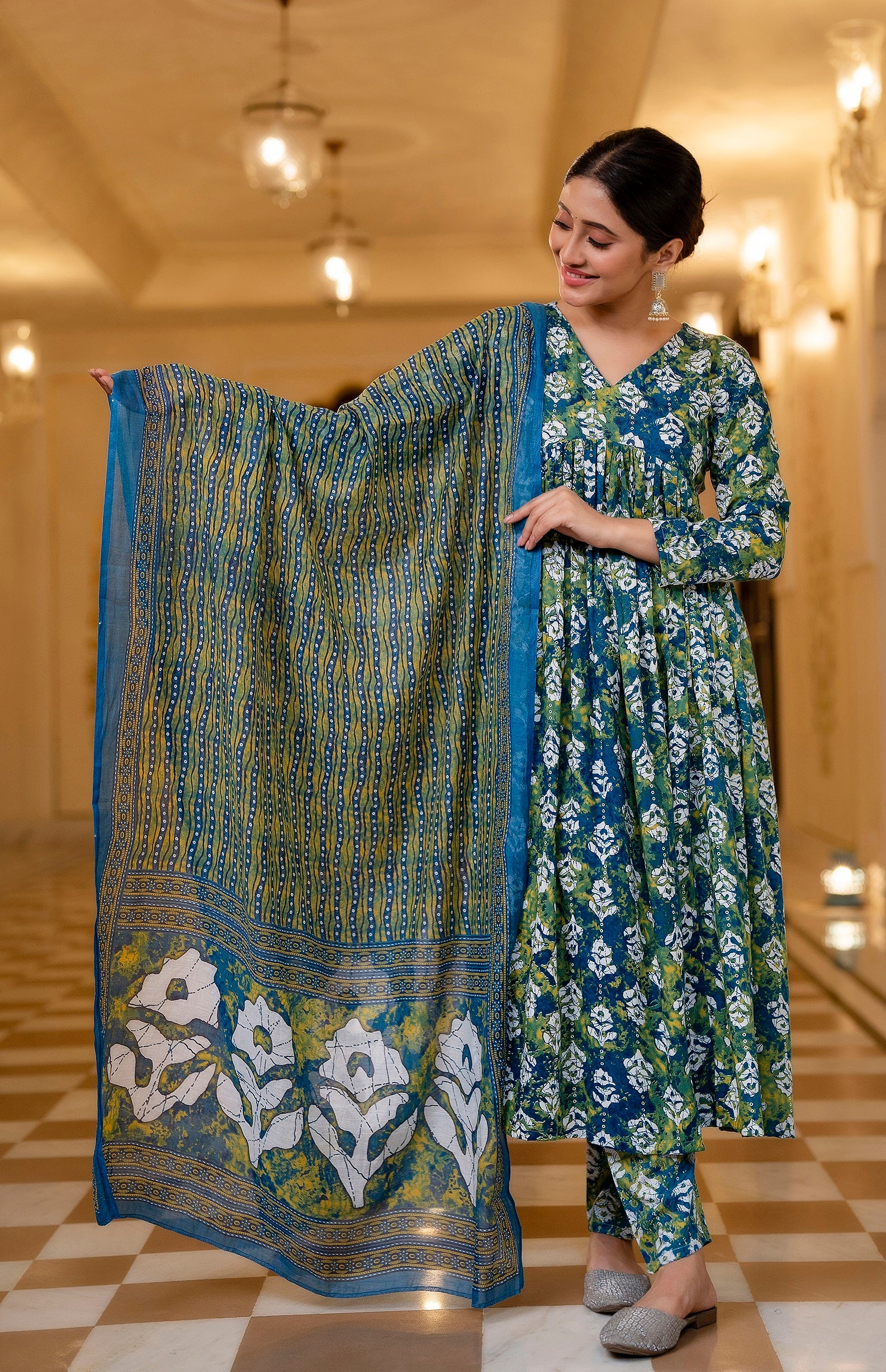 Women's Green And Blue Printed Viscose Rayon Kurta, Pant And Dupatta Set - Alvami