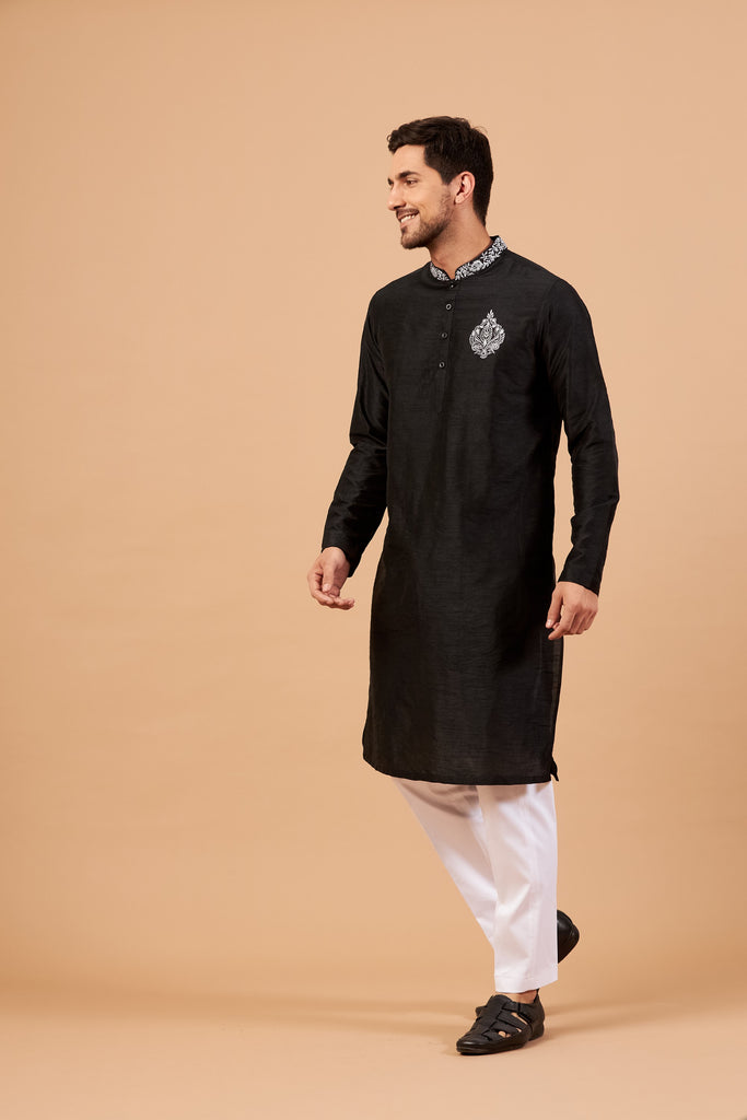 Men's Black Coloramyr Traditional Embroidered Kurta Semi Raw Silk Mix