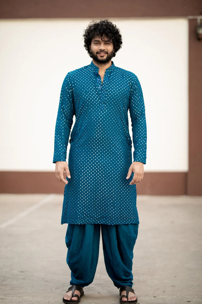 Men's Teal Blue Color Teal Blue Mirror Kurta + Patiala Pants Georgette & Santone