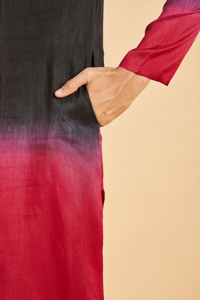Men's Red Color Pattern Ombre Kurta Without Slit Silk