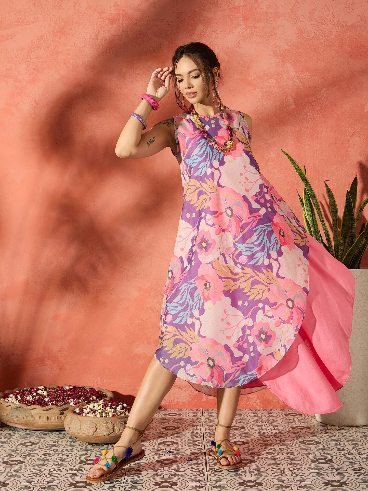 Women's Purple Floral Peach Asymmetrical Dress - InWeave