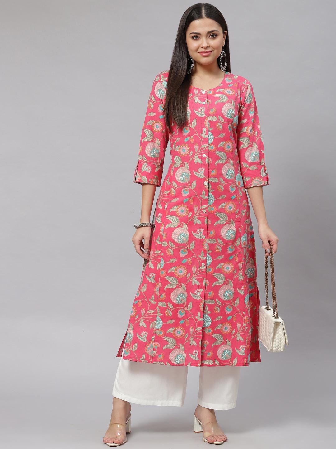 Women's Pink Floral Cotton Flex A-line Kurta - Taantav