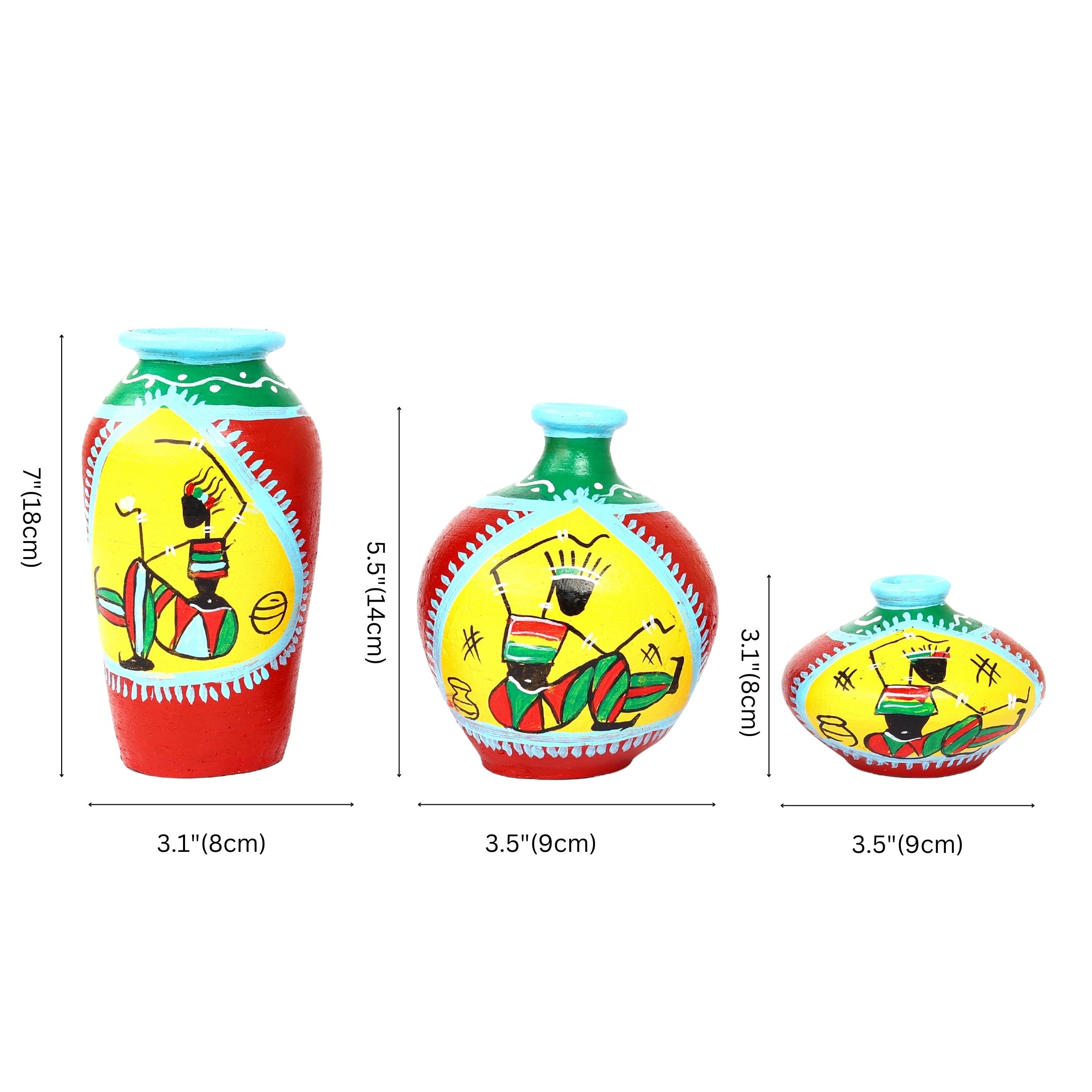 Handcrafted Red and Yellow Terracotta Pots for Home Decor - Set of 3 - Warli Hand Painting - Natriel