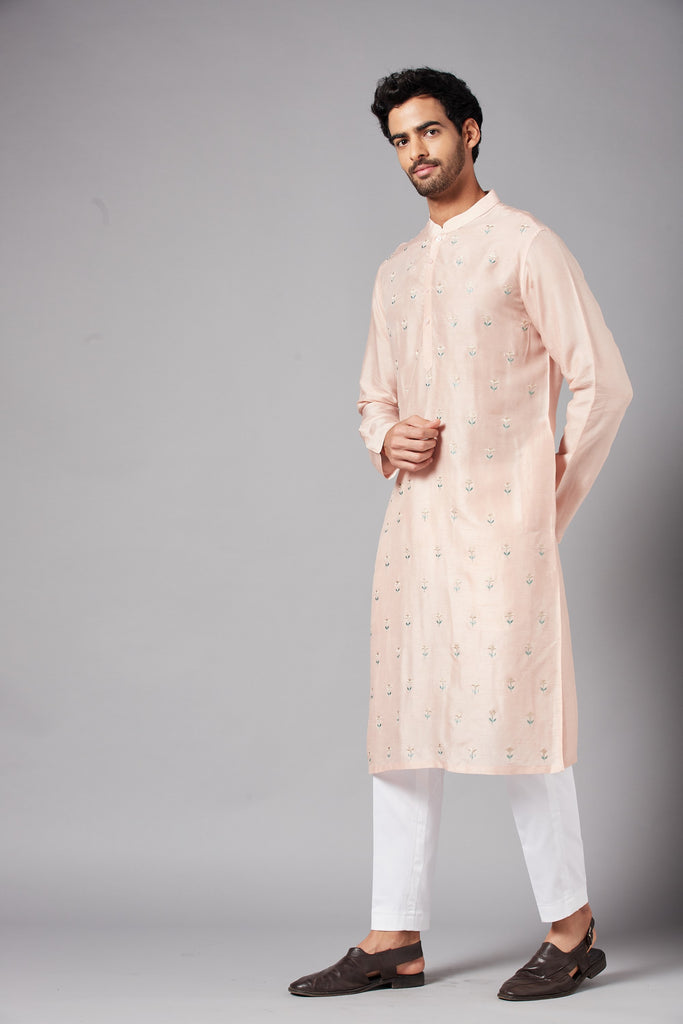 Men's Peach Color Moori Small Flower Motifs All Over Embroidered Kurta Semi Raw Silk Mix